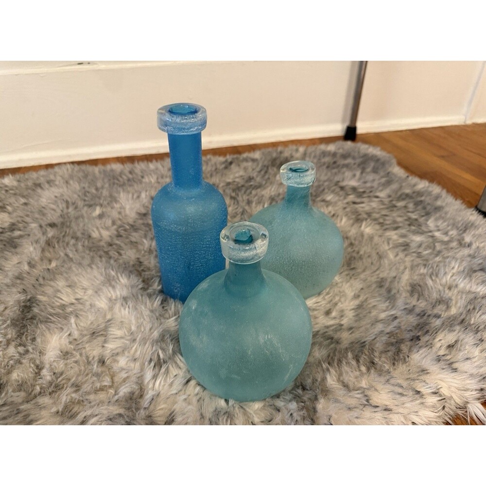 STUNNING 3 West Elm Sea Glass Turquoise Blue Bubble Neck Bottle Jar Lot